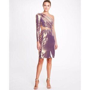 Marchesa Notte Metallic One-Shoulder Cutout Cocktail Dress – Size 10